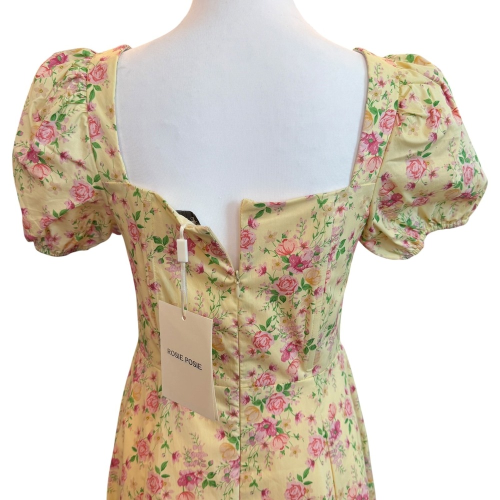 Rosie Posie Floral Cottagecore Midi Dress S Yellow Coquette Milkmaid Bridgerton - Picture 7 of 14